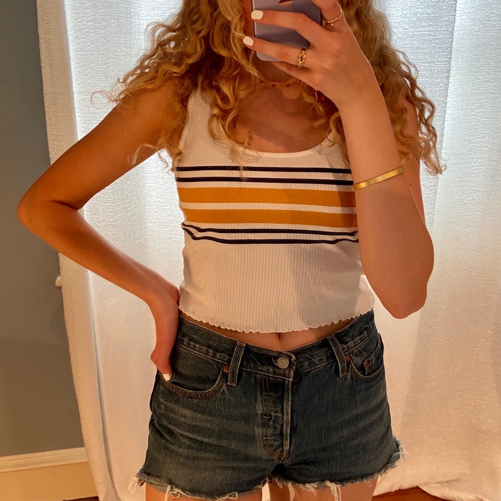 PacSun cropped white tank with gold/navy stripes